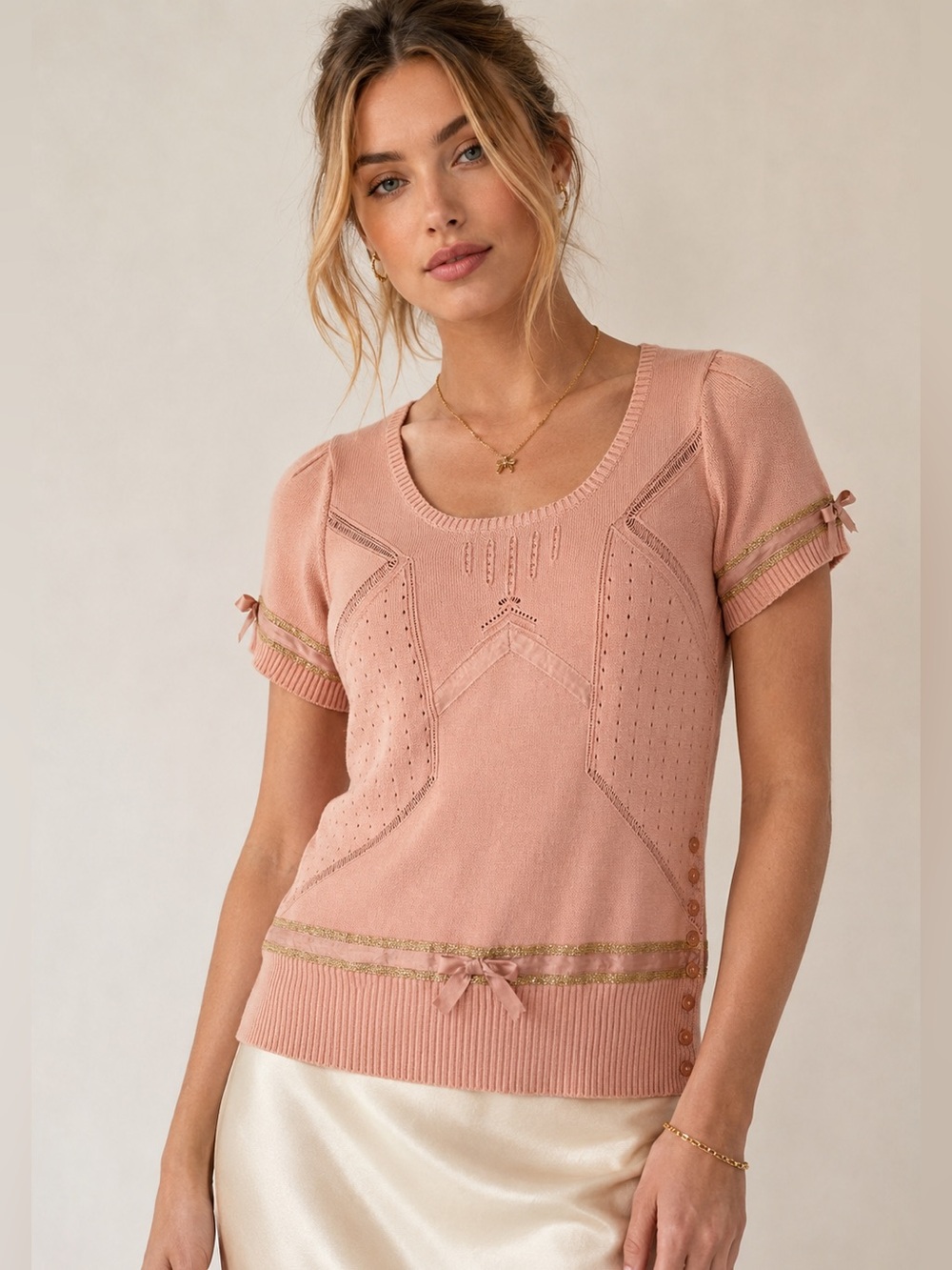 Marc Jacobs Pointelle Ribbon Trim Short Sleeve Sweater Medium